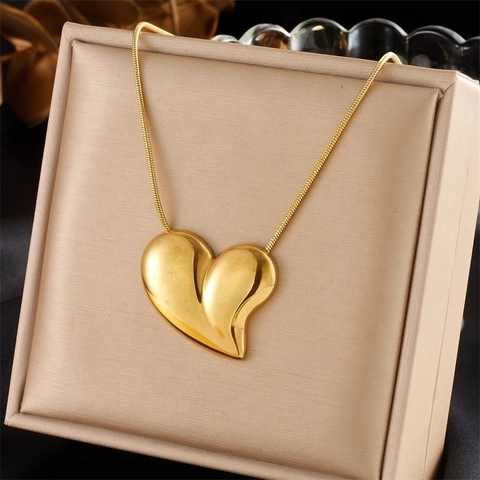 Polished Heart Pendant Necklace Stainless Steel Gold Plated Snake Bone Chain Vintage Minimalist Two Tone Jewelry For Women