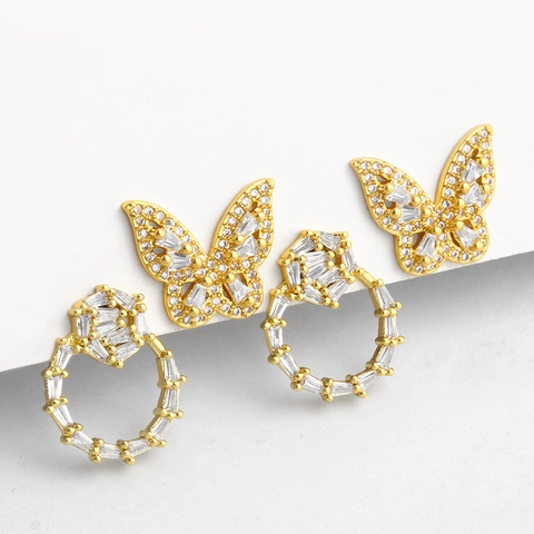 Elegant Butterfly And Geometric Circle Stud Earrings For Women Copper With Cubic Zirconia Inlaid Gold Plated Jewelry