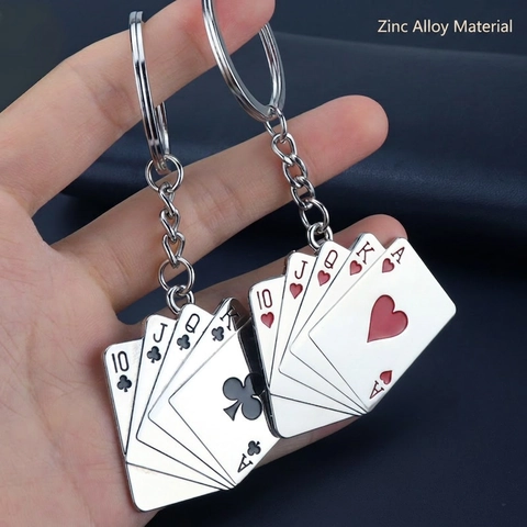 Portachiavi Carte Da Gioco Royal Flush Lega Di Zinco Metallo Portafortuna Regalo Per Amanti Del Poker Rosso Nero