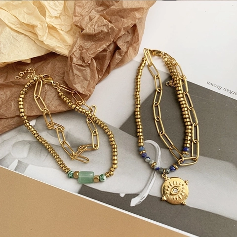 Bracciale a Strati in Acciaio Inossidabile Per Donna Pietre Naturali Ciondolo Malocchio Placcato Oro Gioielli Moda