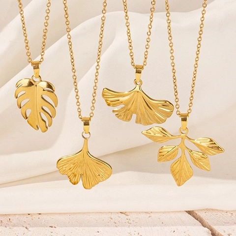 Ginkgo Monstera Leaf Pendant Necklace Stainless Steel 18K Gold Plated Vintage Minimalist Jewelry For Women