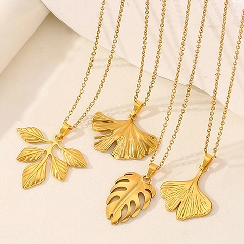 Ginkgo Monstera Leaf Pendant Necklace Stainless Steel 18K Gold Plated Vintage Minimalist Jewelry For Women