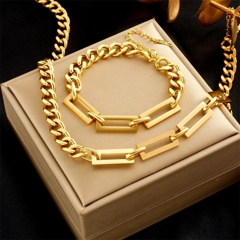 Fashion Stainless Steel Gold Plated Curb Chain Jewelry Set Heavy Metal Rectangular Link Necklace Bracelet For Women Men
