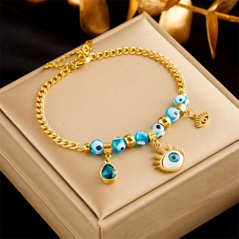 Vintage Titanium Staal Armband Met Boze Oog Kralen En Blauwe Strass Waterdruppel Hanger Gouden Ketting Unisex Sieraden