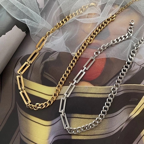 Cuban Link Chain Necklace Bracelet Titanium Steel Geometric Rectangle Splicing Punk Hip Hop Street Style Jewelry Unisex