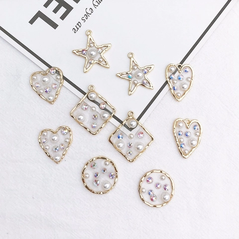 DIY Charms Pendants Alloy Gold Geometric Heart Star Shape With Faux Artificial Pearl And Rhinestone Oil Dripping Handcraft