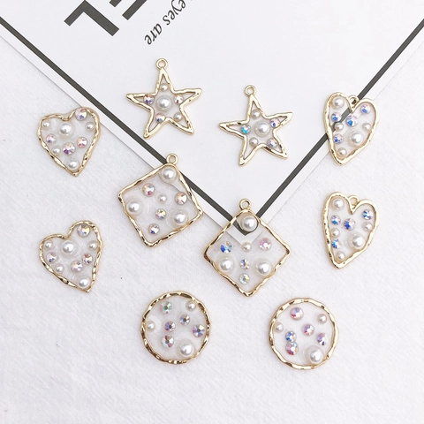 DIY Charms Pendants Alloy Gold Geometric Heart Star Shape With Faux Artificial Pearl And Rhinestone Oil Dripping Handcraft