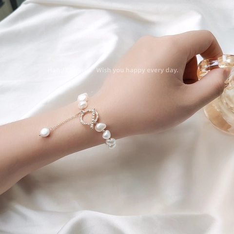 Vintage Baroque Natural Freshwater Pearl Bracelet For Women 14K Gold Plated Alloy Elegant French Style Chic Hand Jewelry