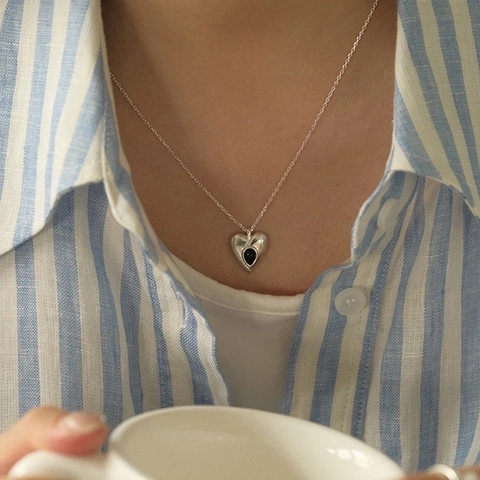 Collier Pendentif Cœur En Argent Sterling 925 Avec Émail Noir Chaîne De Clavicule Minimaliste Pour Femme