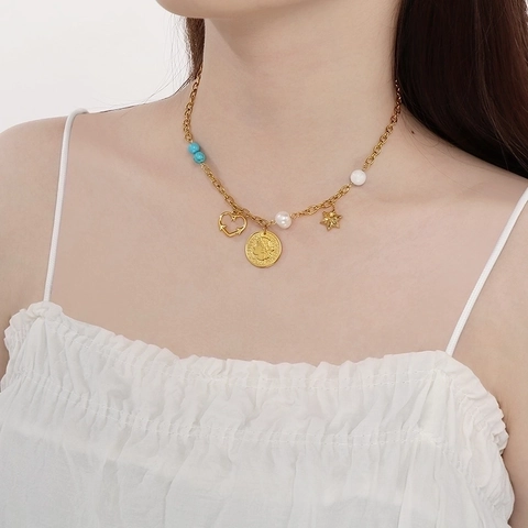 Vintage 18K Vergoldet Edelstahl Halskette Für Damen Türkis Perle Seestern Muschel Münze Anhänger Böhmischer Schmuck