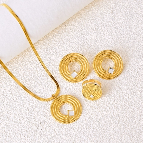 Fashion Stainless Steel Round Square Rhinestone Necklace Earrings And Ring Set Gold Plated Snake Chain Jewelry For Women