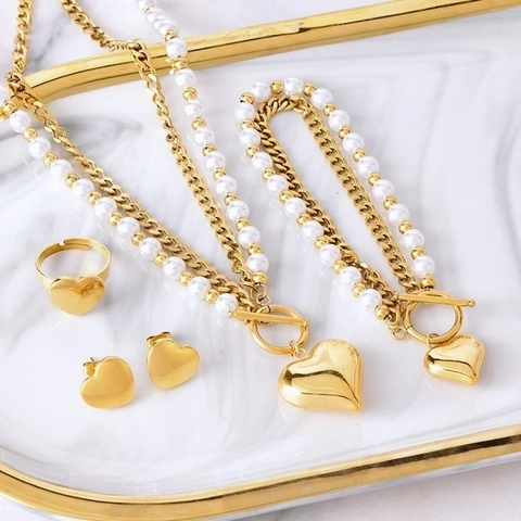 Fashion Titanium Steel Artificial Pearl Heart Tree Of Life Jewelry Set Necklace Bracelet Earrings Ring For Women