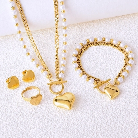 Fashion Titanium Steel Artificial Pearl Heart Tree Of Life Jewelry Set Necklace Bracelet Earrings Ring For Women