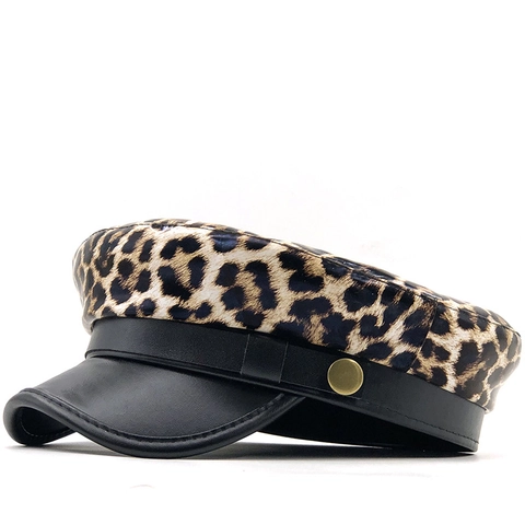 Berretto Newsboy Leopardato Da Donna Top In Poliestere Con Visiera In Pelle PU Nera Cappello Vintage Baker Boy