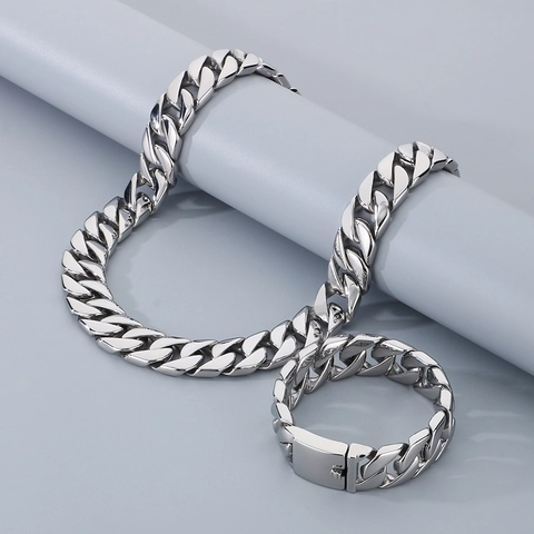 Collana E Bracciale A Catena Cubana In Acciaio Inossidabile Grosso Hip Hop Gioielli Uomo Lucido Stile