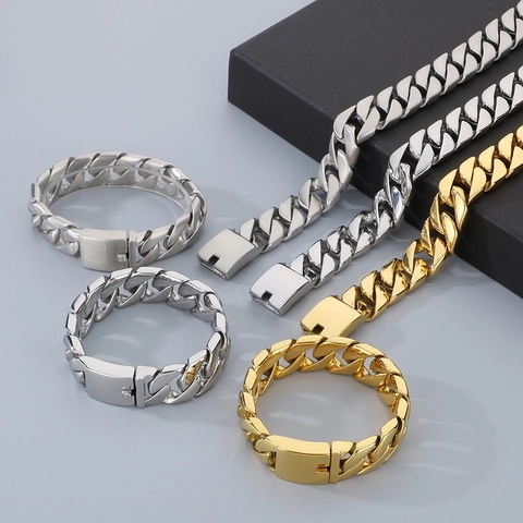 Men Hip Hop Cuban Link Chain Necklace And Bracelet Stainless Steel Chunky Heavy Polished Jewelry