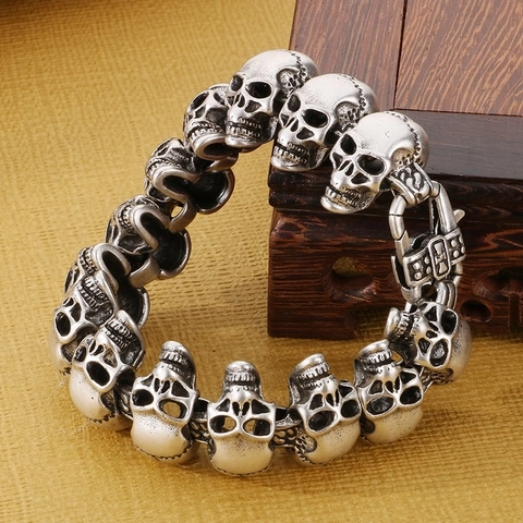 Retro Skull Head Stainless Steel Link Chain Bracelet Gothic Punk Style Jewelry For Men