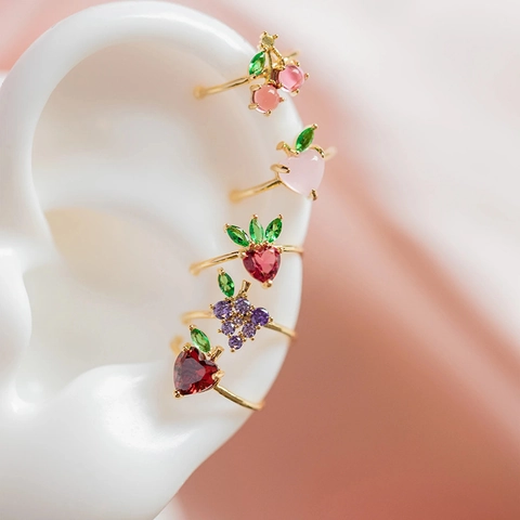 Mode Tropische Frucht Form Ohrknochen-Clip Nicht Durchstochene Ohrringe Kupfer Strass Gold Vergoldet Kirsche Pfirsich Trauben Ohrmanschette Für Damen