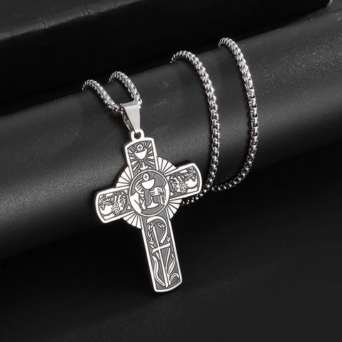 Religiöse Kreuzkette Anhänger Aus Edelstahl Mit Gral Und Chi-Rho Symbolen Kirchenschmuck Für Herren Und Damen