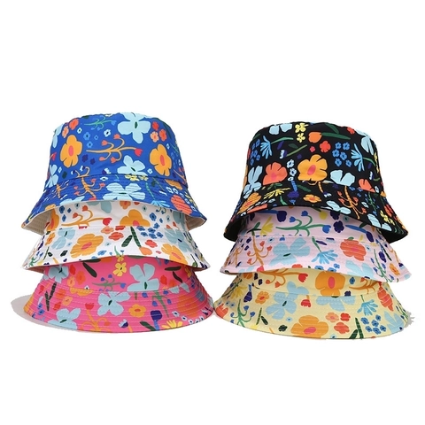 Kids Flower Print Bucket Hat Floral Sun Protection Wide Brim Outdoor Beach Fisher Cap Polyester Cotton