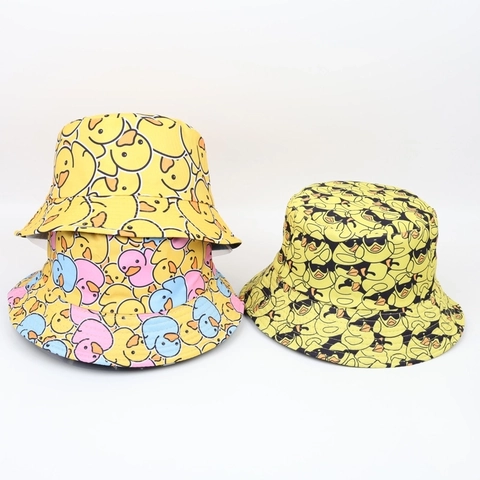 Cartoon Little Yellow Duck Print Bucket Hat Polyester Sun Protection Fisherman Cap For Summer Outdoor Travel Women Men