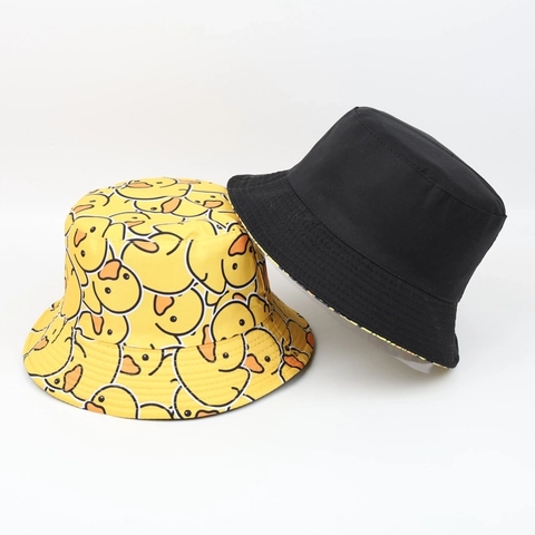 Cartoon Little Yellow Duck Print Bucket Hat Polyester Sun Protection Fisherman Cap For Summer Outdoor Travel Women Men