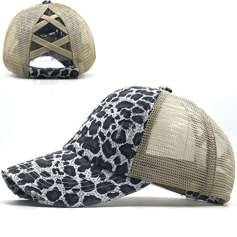 Ponytail Baseball Cap Leopard Print Distressed Mesh Breathable Cotton Sun Shade Outdoor Summer Hat For Women