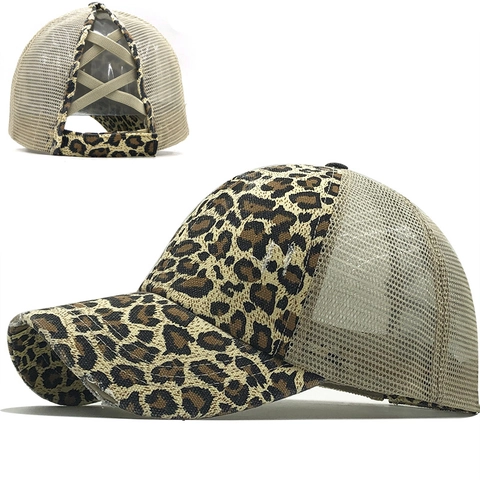 Ponytail Baseball Cap Leopard Print Distressed Mesh Breathable Cotton Sun Shade Outdoor Summer Hat For Women