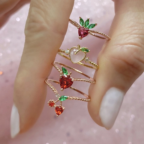 Western Style Copper Zirconia Fruit Rings Colorful Cherry Peach Strawberry Pineapple Gold Open Finger Rings Fashion Jewelry Women