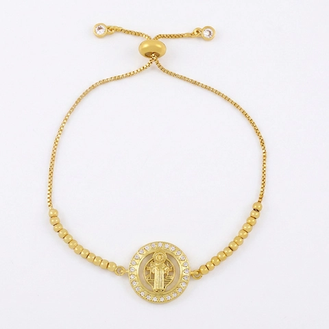 Religious Medal Bolo Bracelet Copper Gold Plated Cubic Zirconia Virgin Mary Adjustable Sliding Clasp Fashion Jewelry Women