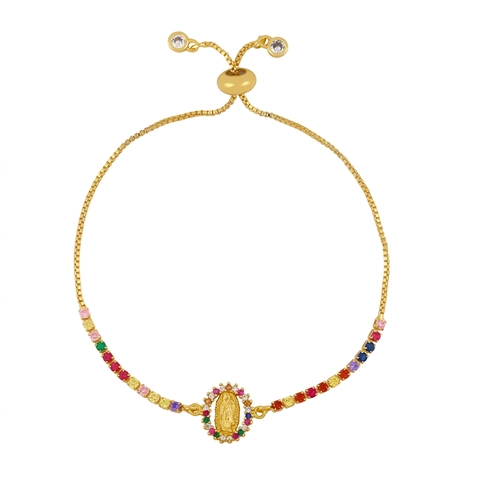 Bracciale Regolabile Rame Placcato Oro Religioso Vergine Maria San Benedetto Micro Intarsiato Zirconia Cubica Gioielli