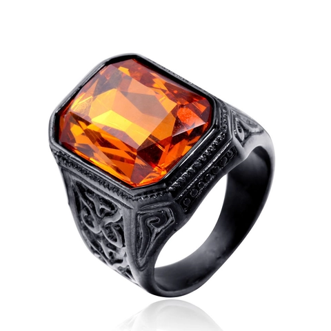 Retro Men Ring Stainless Steel Large Rectangle Gemstone Vintage Engraved Punk Gothic Black Band Jewelry