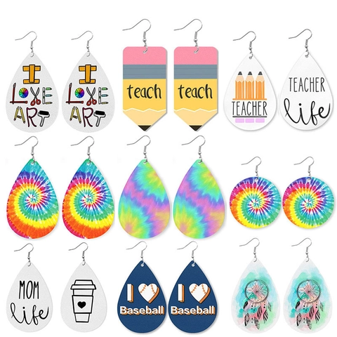 PU Leder Tropfen Ohrringe Damen Lehrer Krankenschwester Kunst Musik Wissenschaft Muster Tie Dye Schmuck
