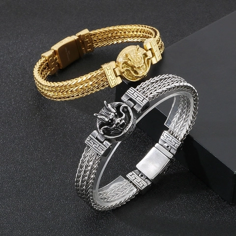 Men Dragon Head Bracelet Vintage 316L Stainless Steel Braided Chain Punk Hip Hop Zodiac Jewelry Accessory