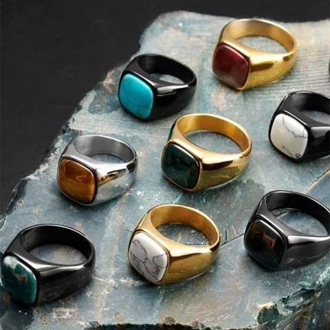 Men Signet Ring Stainless Steel Square Oval Simulated Gemstone Retro Business Style Geometric Fashion Jewelry For Men