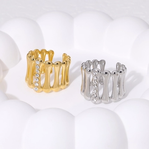 Anello Geometrico Forma Di Osso Acciaio Inossidabile Placcato Oro 18K Strass Aperto Regolabile Gioielli Moda Donna