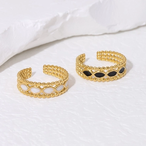 French Retro Enamel Open Ring 18K Gold Plated Stainless Steel Hollow Beaded Adjustable Finger Jewelry For Women