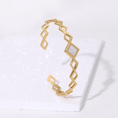Geometrisches Hohles Rhombus Armreif Edelstahl Vergoldet Mit Schwarzer Emaille Minimalistischer Schmuck Damen