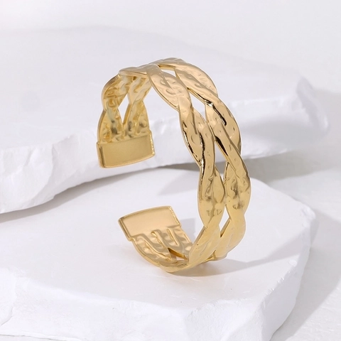 Bracciale Rigido In Acciaio Inossidabile Trama Intrecciata Design Martellato Retrò Francese Minimalista Gioiello Regolabile Donna