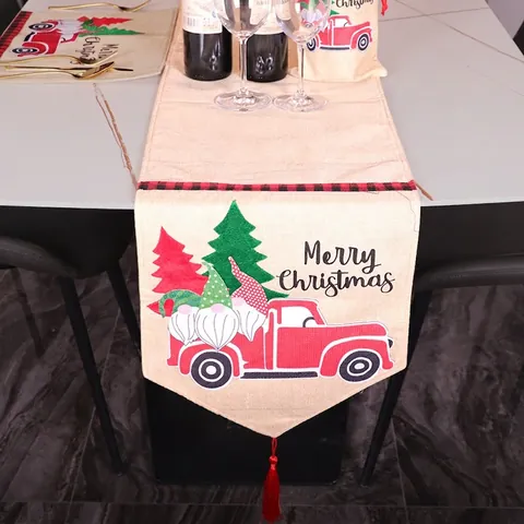 Christmas Table Runner Linen Burlap Vintage Red Truck Xmas Tree Buffalo Plaid Border Tassels Holiday Dining Decor