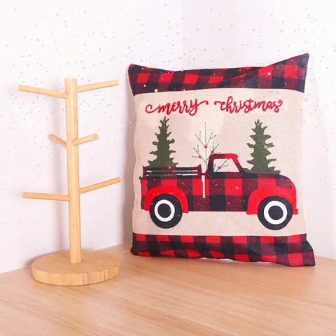 Funda De Almohada De Navidad Lino Cuadros Buffalo Camión Rojo Bordado Gnomos Decoración De Hogar De Vacaciones