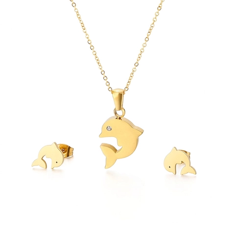 Dolphin Pendant Necklace And Stud Earrings 316L Stainless Steel Cubic Zirconia Minimalist Cute Style Women