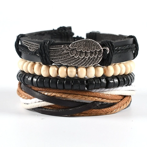 Bracciale Multistrato Uomo Pelle Perline Legno Fascino Ala Lega Corda Intrecciata Vintage Bohemian Gioielli