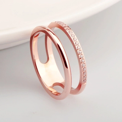 Double Layer Titanium Steel Ring With Micro Pave Cubic Zirconia Elegant Hollow Band Jewelry For Women