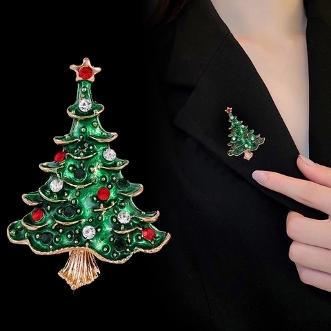 Spilla ad Albero di Natale in Lega Vintage con Strass Smalto Verde Placcato Oro per Completi Donna Gioielli Festival
