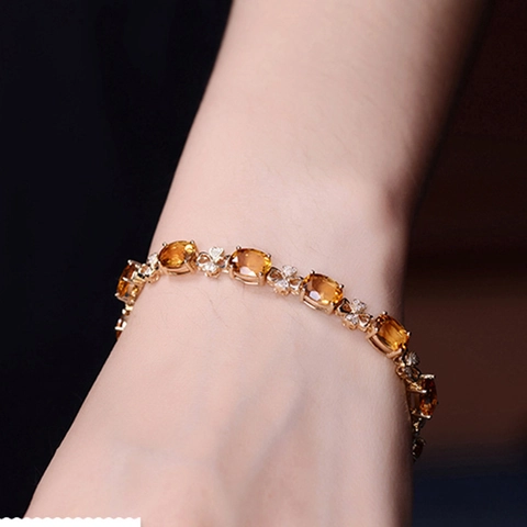 Conjunto Joyas Cristal Citrino Amarillo Corazón Collar Pulsera Anillo Pendientes Cobre Chapado Oro 18K Estrás Elegante Mujeres