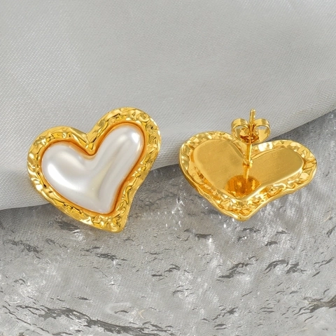 Orecchini Lobo Cuore Acciaio Inossidabile Placcato Oro 18K Metallo Martellato Perla Artificial Imitazione Retro Francese Donna