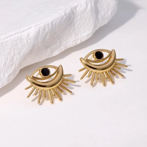 Pendientes De Botón Evil Eye Acero Inoxidable Chapado En Oro 18K Circonita Pestañas Radiantes Estilo Bohemio Para Mujeres