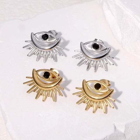 Pendientes De Botón Evil Eye Acero Inoxidable Chapado En Oro 18K Circonita Pestañas Radiantes Estilo Bohemio Para Mujeres