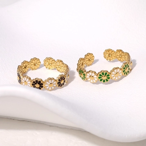 Bague Ouverte Ajustable Marguerite Acier Inoxydable Émail Élégant Bijoux Floraux Chic Français Pour Femmes